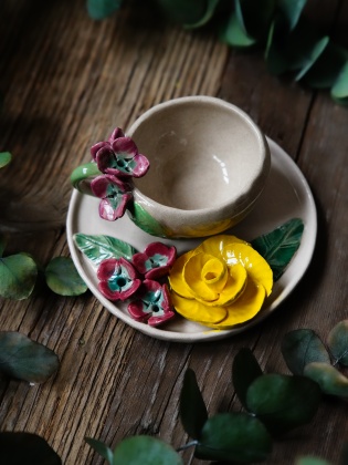 Handcraft Design Ceramic Burgundy and Yellow Flower Turkish Coffee Set