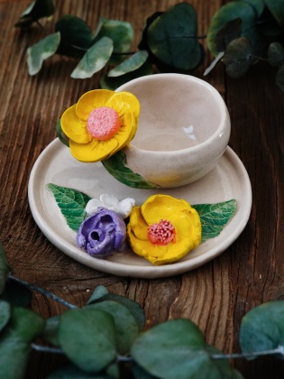 Handcraft Design Ceramic Yellow Flower Turkish Coffee Set