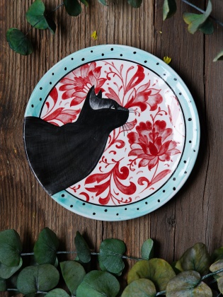 Handmade Desing Tile Plate Black Cat