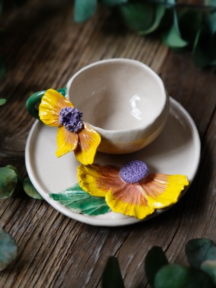 Handmade Design Ceramic Yellow Flower Turkish Coffee Set