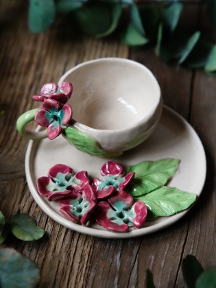 Handmade Design Burgundy Flower Ceramic Turkish Coffee Set