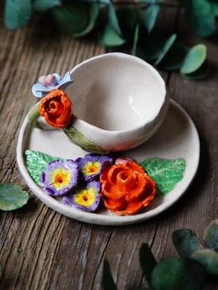 Handmade Design Ceramic Orange Flower Turkish Coffee Set