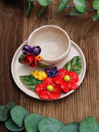 Handmade Design Orange Flowers Ceramic Turkish Coffee Set