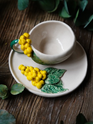 Handmade Design Yellow Flowered Ceramic Turkish Coffee Set