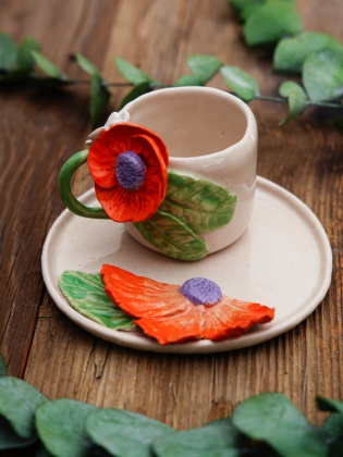 Handmade Design Orange Flower Ceramic Mug Set