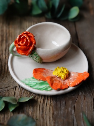 Handmade Design Orange Flower Ceramic Turkish Coffee Set