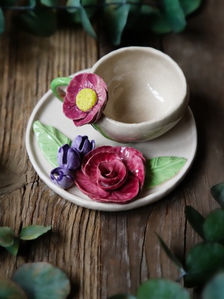 Handmade Design Flowered Ceramic Turkish Coffee Set