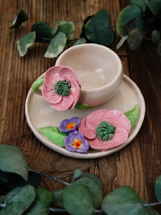 Handmade Design Flowered Ceramic Turkish Coffee Set