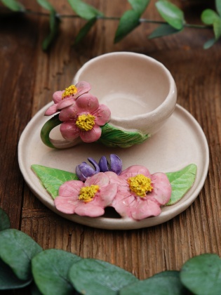 Handmade Design Flowered Ceramic Turkish Coffee Set