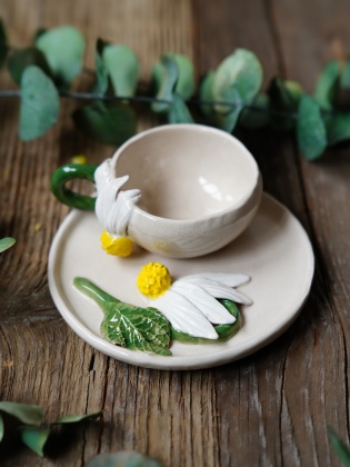 Handmade Flowered Desing Ceramic Turkish Coffee Set