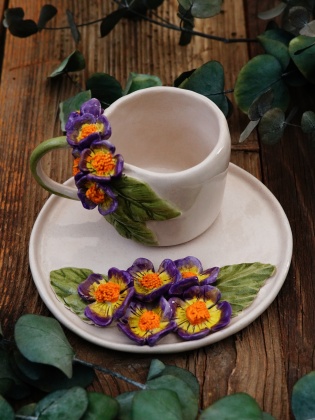 Handmade Design Ceramic Mug Set with Flower