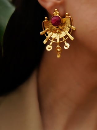 Handmade Design Gold Plated Brass Earrings With Ruby Stone