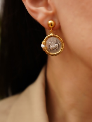 Handmade Design Gold Plated Brass Earrings With Historical Coin Design with Pearl