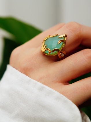 Handmade Gold Plated Brass Ring With Aqua ChalcedonyStone