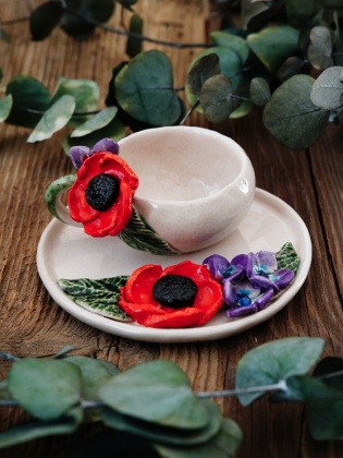 Handmade Design Red Flower Ceramic Turkish Coffee Set