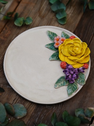 Handmade Design Yellow Flower Ceramic Large Size Plate