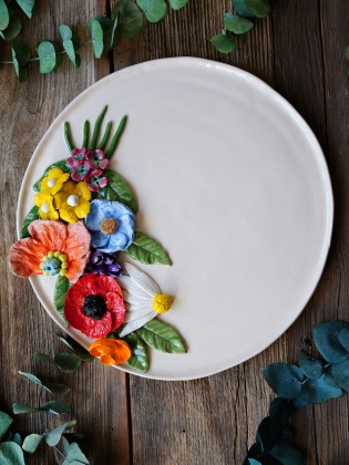 Handmade Design Colorful Flowers Ceramic Plate