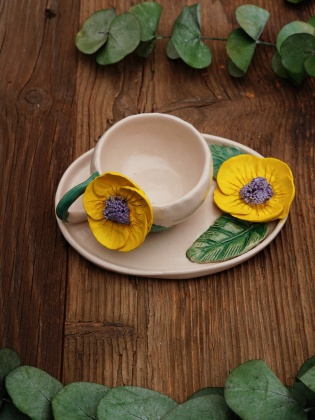 Handmade Yellow Flower Design Ceramic Turkish Coffee Set