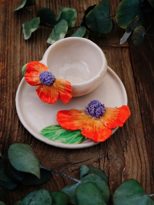 Handmade Orange Flowers Design Ceramic Turkish Coffee Set