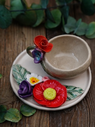 Handmade Design Ceramic Red Flower Turkish Coffee Set