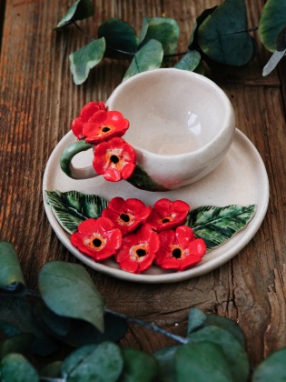 Handmade Design Ceramic Red Flower Turkish Coffee Set