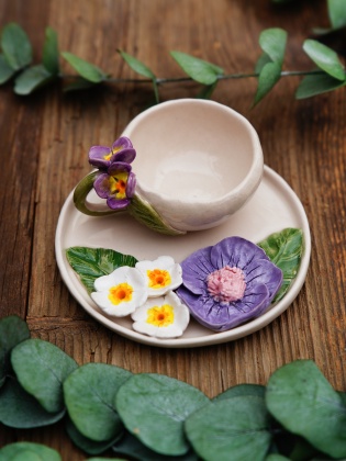 Handmade Design Ceramic Purple Flower Turkish Coffee Set