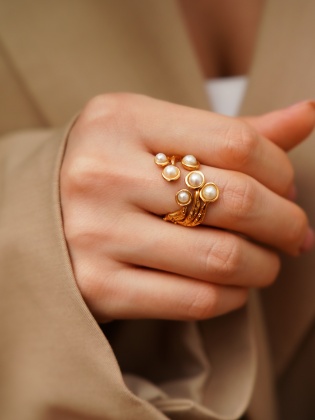 Handmade Gold Plated Brass Ring with Pearls