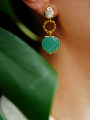 Handmade Design Gold Plated Brass Earrings with Pearl and Aqua Chalcedony Stones