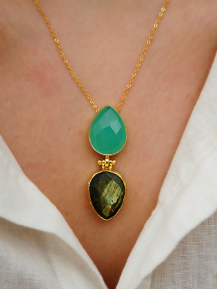 Handmade Gold Plated Brass Necklace with Labradorite and Aqua Chalcedony Stone