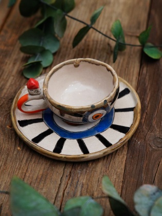 Handmade Design Ceramic Turkish Coffee Set Evil Eye