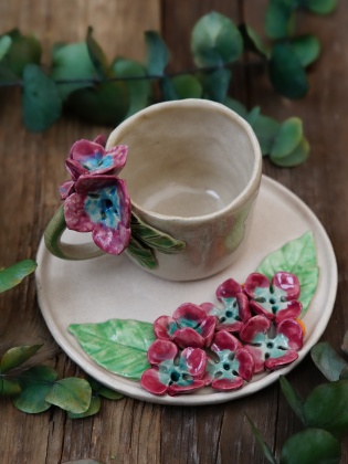 Handcraft Design Ceramic Mug Set Burgundy Flowers