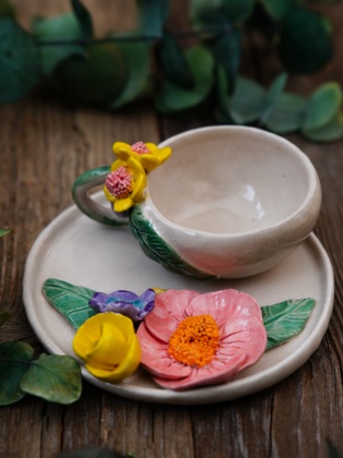 Handmade Design Ceramic 3 Floral Turkish Coffee Set