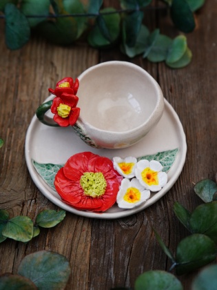 Handmade Design Ceramic Red Floral Turkish Coffee Set