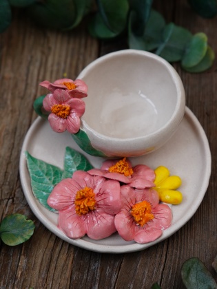 Handmade Design Ceramic Pink Flower Turkish Coffee Set