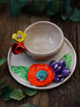 Handmade Design Ceramic Flowered Turkish Coffee Set