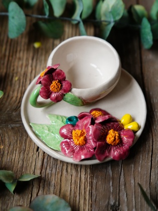 Handmade Design Ceramic Burgundy Flower Turkish Coffee Set