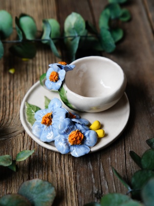 Handmade Design Ceramic Blue Flower Turkish Coffee Set