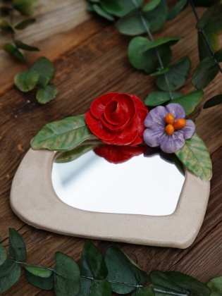 Handmade Ceramic Floral Mirror Red