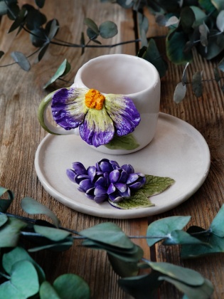 Handcraft Design Ceramic Mug Set Big Purple Flowers