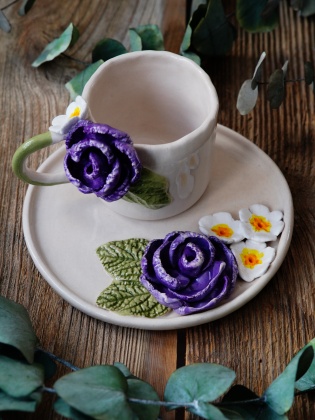 Handcraft Design Ceramic Mug Set Purple and White Flowers