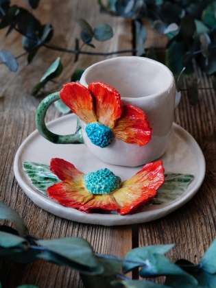 Handcraft Design Ceramic Mug Set Orange Flowers