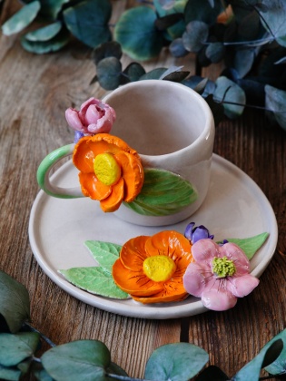 Handcraft Design Ceramic Mug Set Orange and Pink Flowers