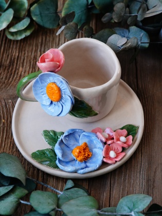 Handcraft Design Ceramic Mug Set Blue and Pink Flowers