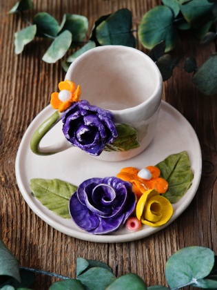 Handcraft Design Ceramic Mug Set Purple Flowers