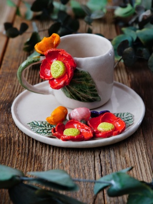 Handcraft Design Ceramic Mug Set Orange Flowers