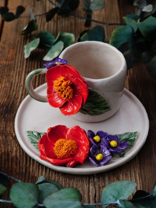 Handcraft Design Ceramic Mug Set Purple and Orange Flowers