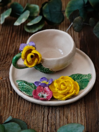 Handmade Design Ceramic Yellow Flower Turkish Coffee Set