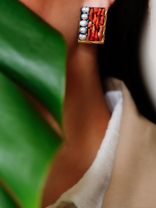 Handmade Designed Silver Earrings with Pearls and Coral