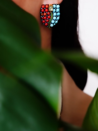 Handmade Design Silver Earrings with Turquoise and Coral Stones