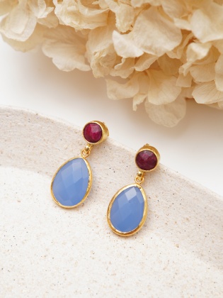 Handmade Design Brass Earrings with Ruby and Chalcedony Stone